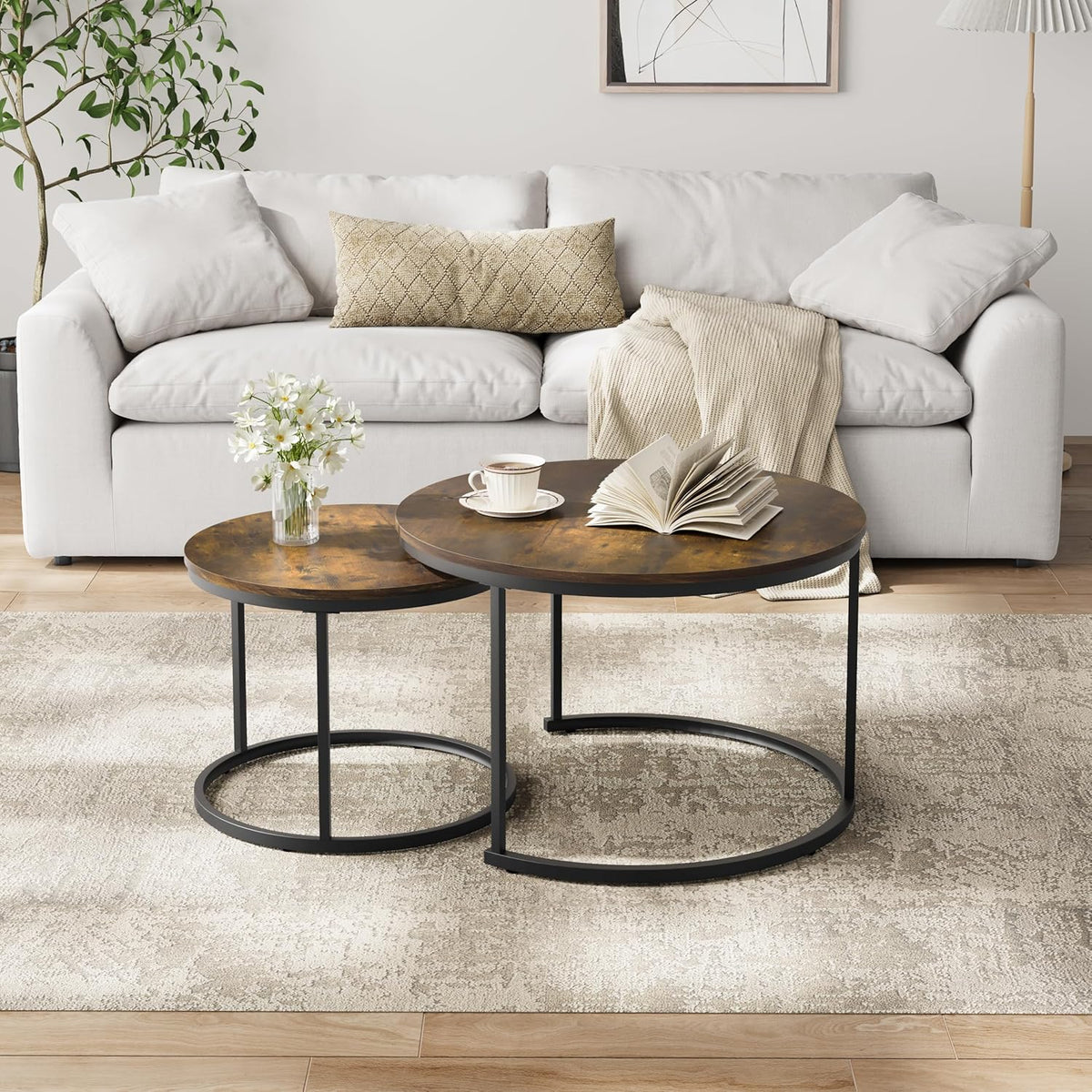 Smuxee Rustic Nesting Coffee Table Set of 2, 27.6" Round Coffee Table Wooden Marble Pattern with Adjustable Non-Slip Feet, Industrial End Table for Living Room Bedroom Balcony