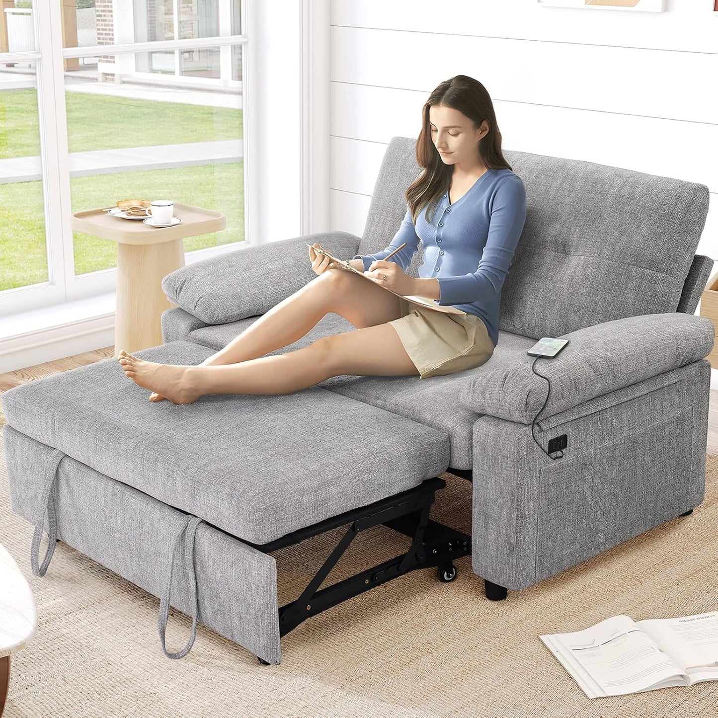 Vipbear 58" Convertible Sofa Bed, 3-in-1 Pull Out Sleeper Sofa with USB Ports & Adjustable Backrest, Loveseat with Side Pocket for Living Room, Apartment, Tool-Free Assembly, Chenile Light Grey