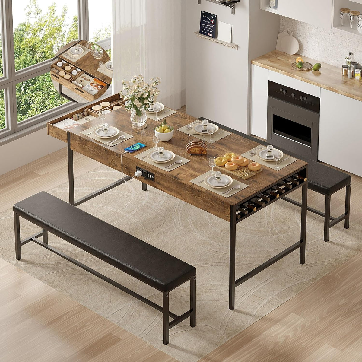 VECELO 65" Dining Table Set for 4-6, 3-Piece Kitchen Set with 2 Utensil Drawers, 2 Benches & Wine Rack, Space Saving & Heavy Duty, with Metal Frame & MDF Board, Rustic Brown