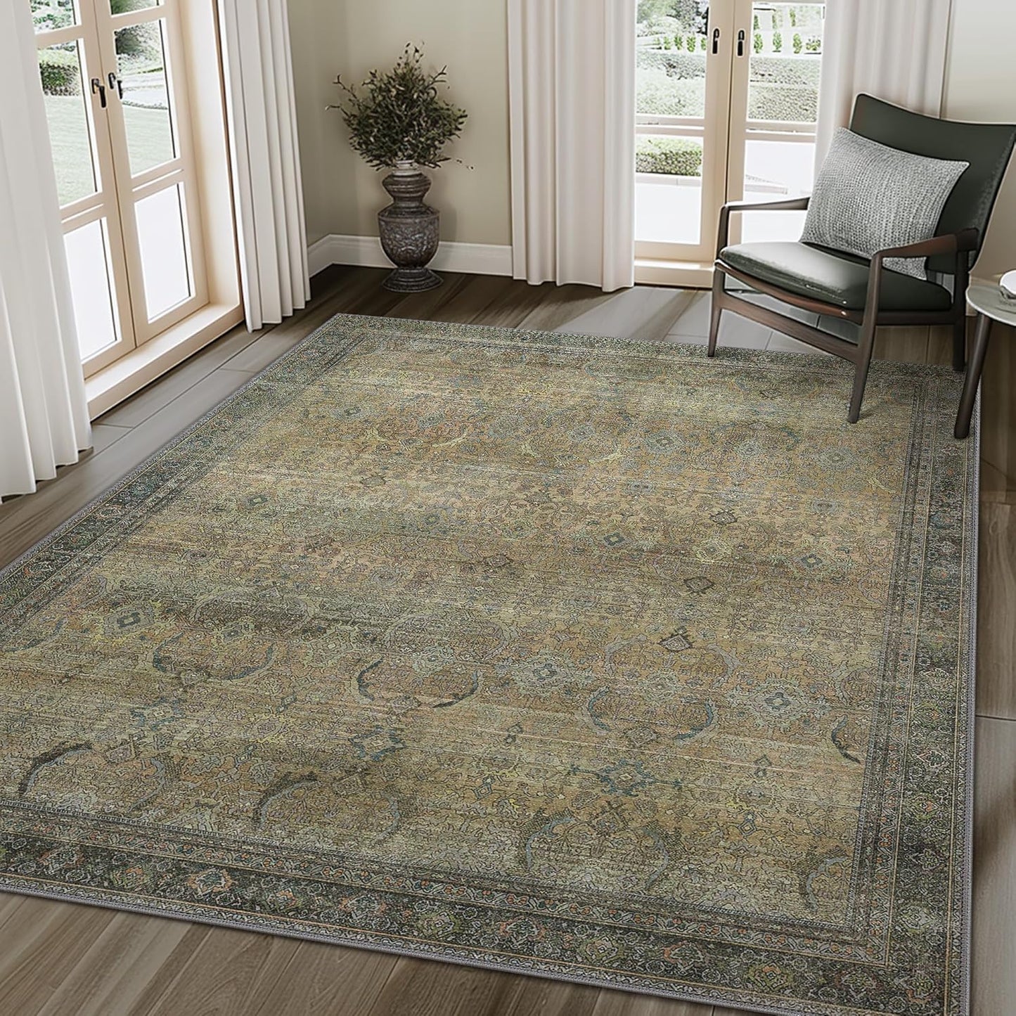 8X10 Area Rugs Machine Washable Rugs for Living Room, Vintage Boho Large Rugs for Bedroom Dining Room, Non Slip Indoor Soft Distressed Lightweight Thin Low Pile Carpet, Vintage Sunset