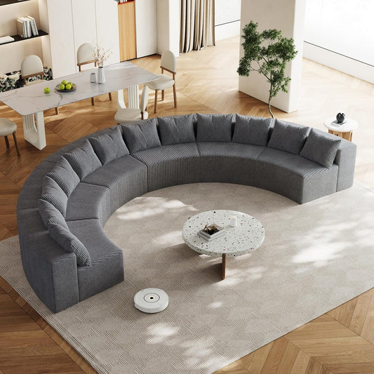KEIKI Corduroy Curved Sectional Sofa, 6 Seater Symmetrical Modular Semi Circular Couch, Tufted Deep Seat Corner Sofa for Living Room, Lobby, Gray