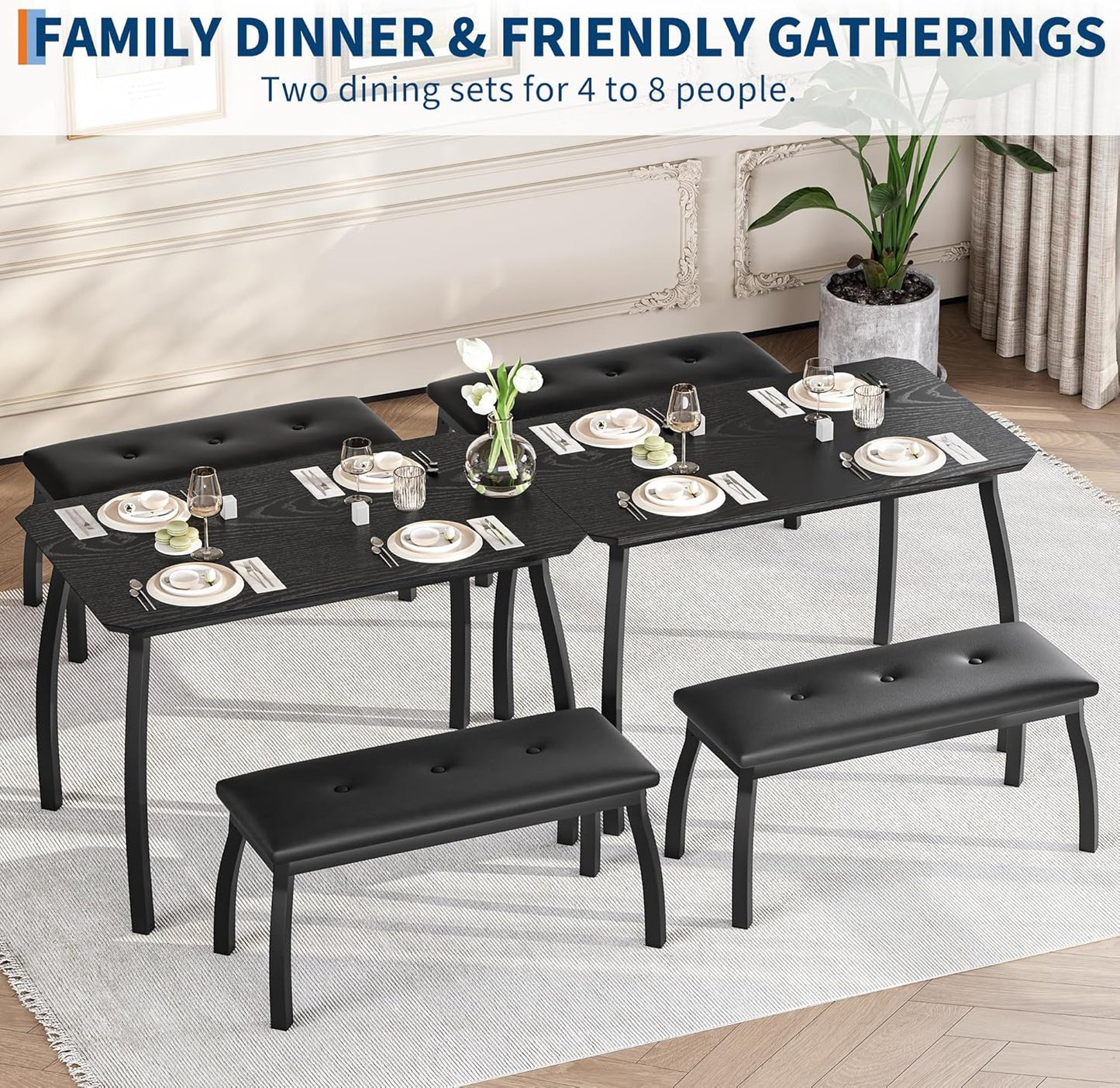 3 Piece Farmhouse Dining Table Set for 4, Compact Rustic Kitchen Table with 2 Padded Benches, Space Saving Breakfast Nook Furniture Set for Small Spaces, Apartments, Black
