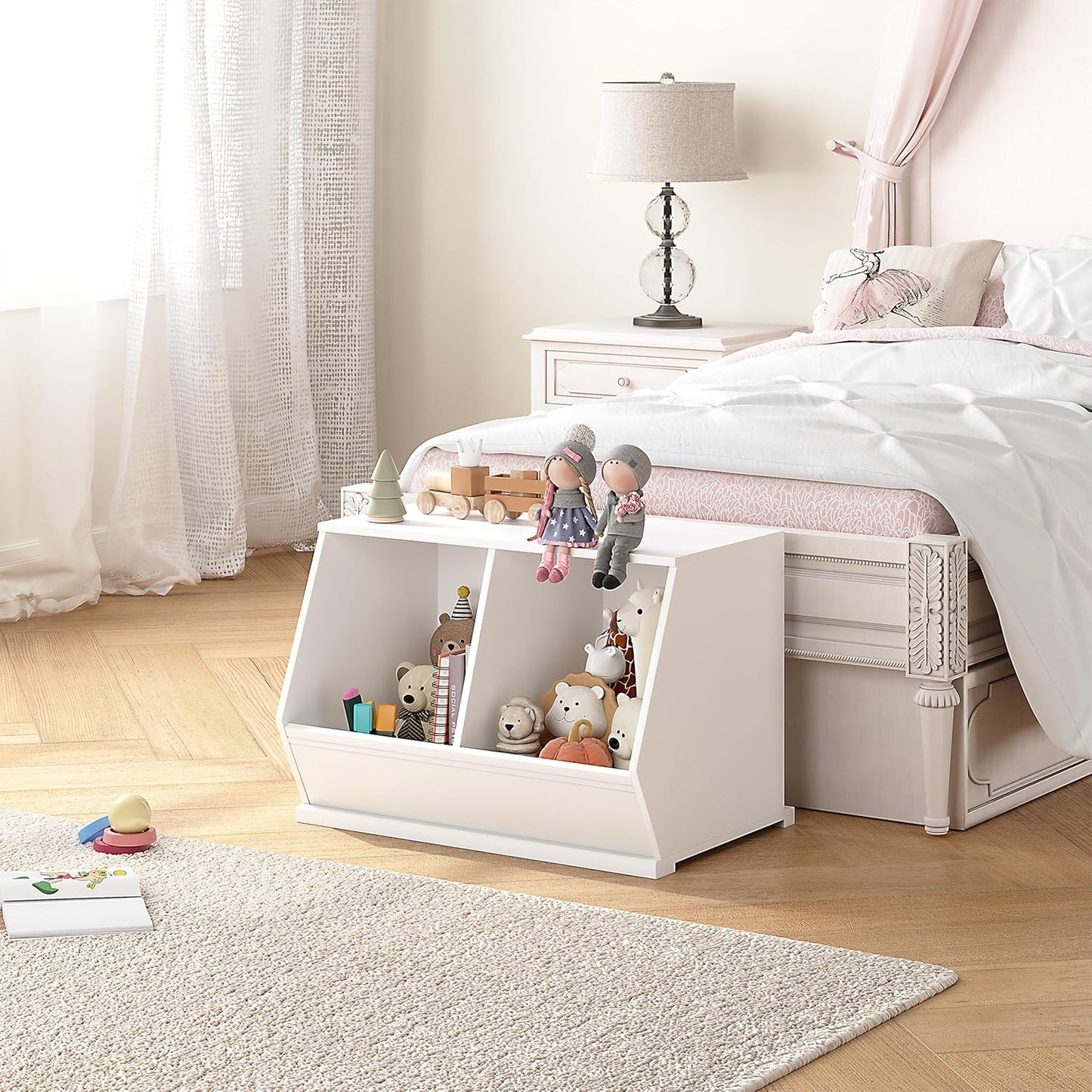 UTEX Stackable Toy Storage Cabinet, Wooden Cubby Organizer, White Shelf for Playroom, Bedroom, Living Room, Nursery, 2 Cubes