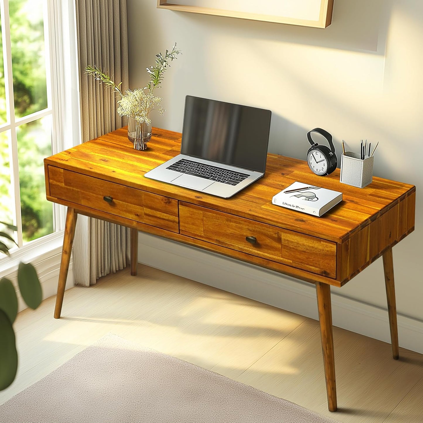 Acacia Lagom 48" Solid Wood Work Desk with Drawers, Office Furniture, Scandinavian Style Work Table for Home Office (Caramel)