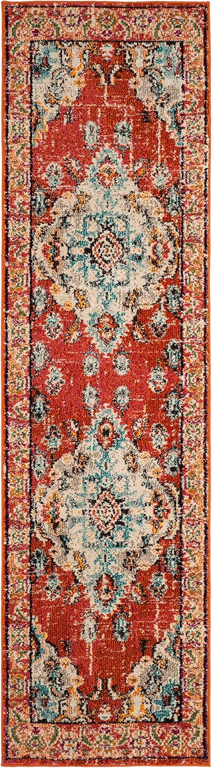 SAFAVIEH Monaco Collection Runner Rug - 2'2" x 20', Orange & Light Blue, Boho Chic Medallion Distressed Design, Non-Shedding & Easy Care, Ideal for High Traffic Areas in Living Room, Bedroom (MNC243H)
