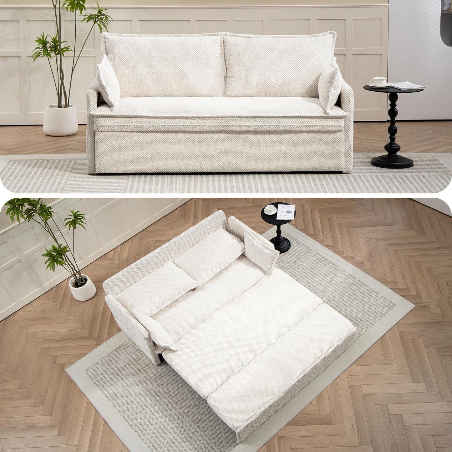 Furnimart 59.5" Queen Size Pull Out Sofa Bed, 3 in 1 Convertible Sleeper Bed with USB/C-Type Charging Ports & Side Pockets, Modern Futon Couch for Living Room, Apartment, RV, Corduroy White