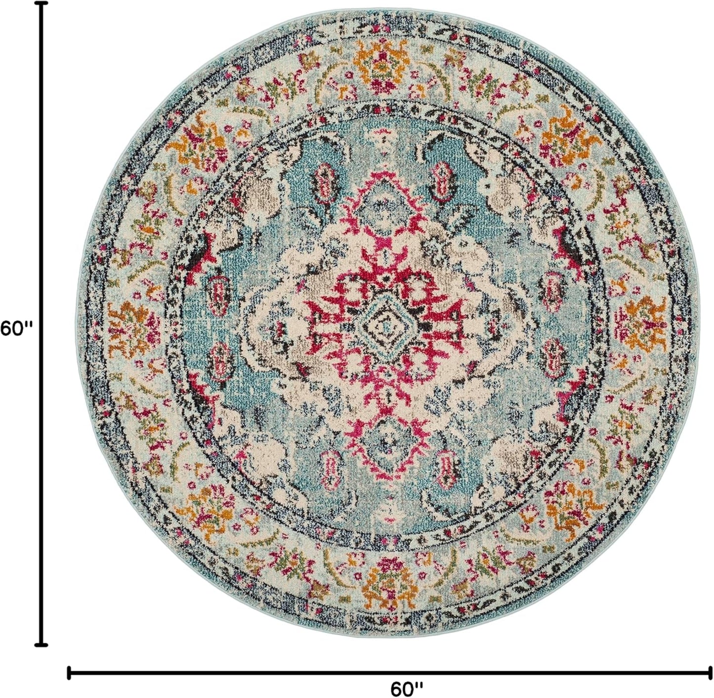 SAFAVIEH Monaco Collection Area Rug - 5' Round, Light Blue & Fuchsia, Boho Chic Medallion Distressed Design, Non-Shedding & Easy Care, Ideal for High Traffic Areas in Living Room, Bedroom (MNC243J)