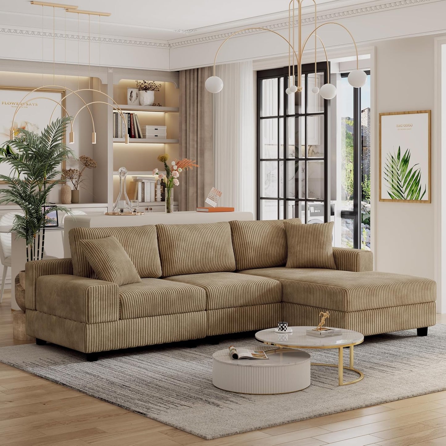 Eafurn Convertible L Shaped Modular Sectional Sofa Couch, 5 Seater Corduroy Upholstered Corner Sofa Lounge Couch with Extra Wide Reversible Chaise Lounge and Headrest for Living Room