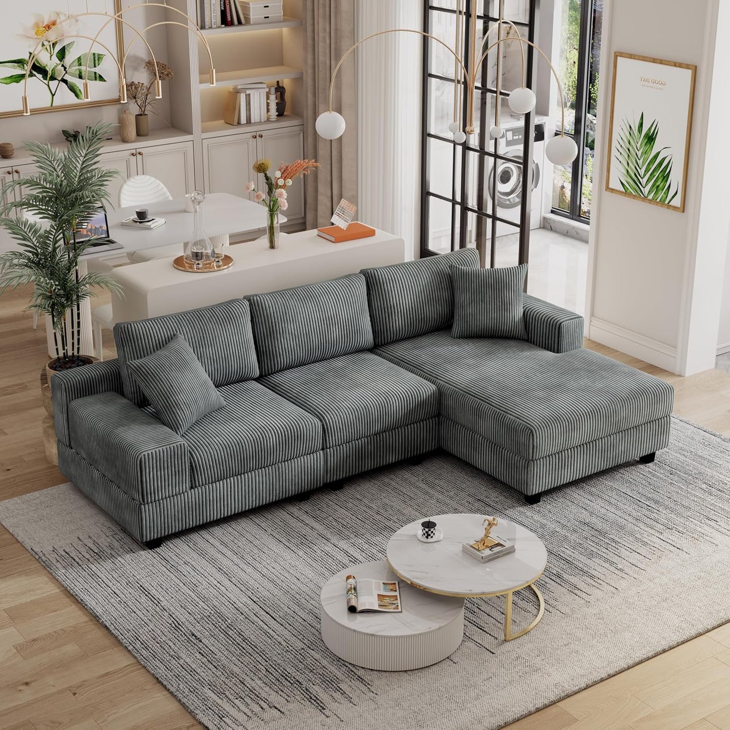 Eafurn Convertible L Shaped Modular Sectional Sofa Couch, 5 Seater Corduroy Upholstered Corner Sofa Lounge Couch with Extra Wide Reversible Chaise Lounge and Headrest for Living Room