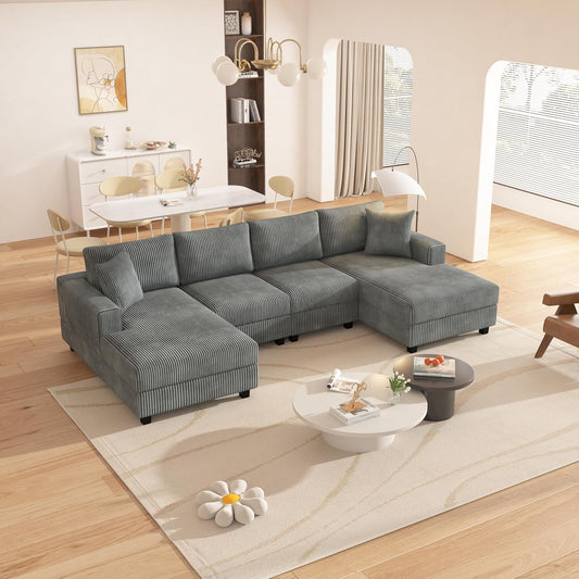 Eafurn Oversized Symmetrical U Shaped Modular Sectional Sofa with Double Chaise Lounge, Reversible Corduroy Upholstered Sofa Extra Wide Deep Seat Sleeper Sofas Couches w/ 2 Pillows