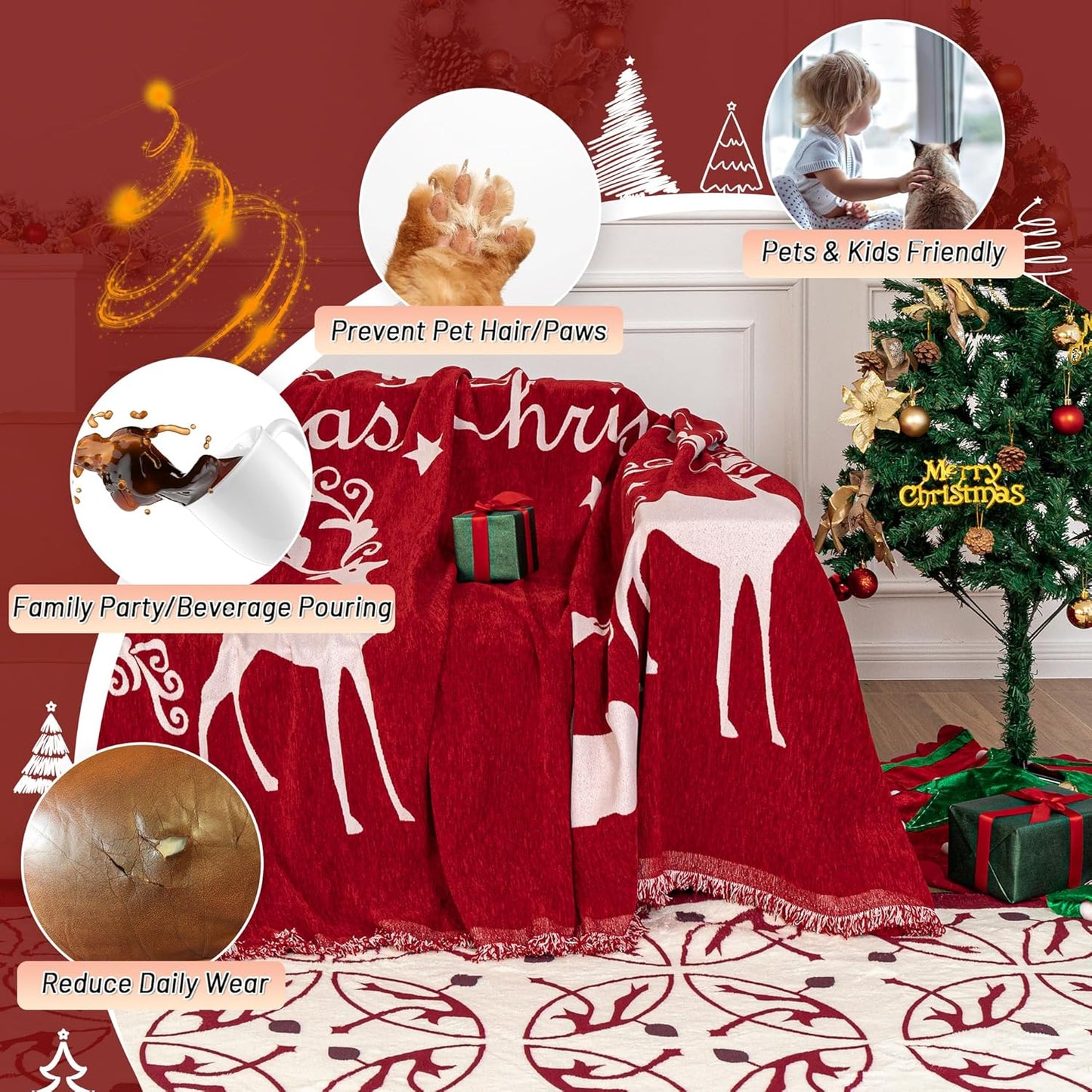 MYSKY HOME Christmas Couch Cover for Dogs, Washable Couch Covers, Non Slip Sofa Slipcover, Couch Cover 2 Cushion Sofa Dogs Furniture Protector, Chenille Sofa Covers for Pets, Kids, 71"x102", Red