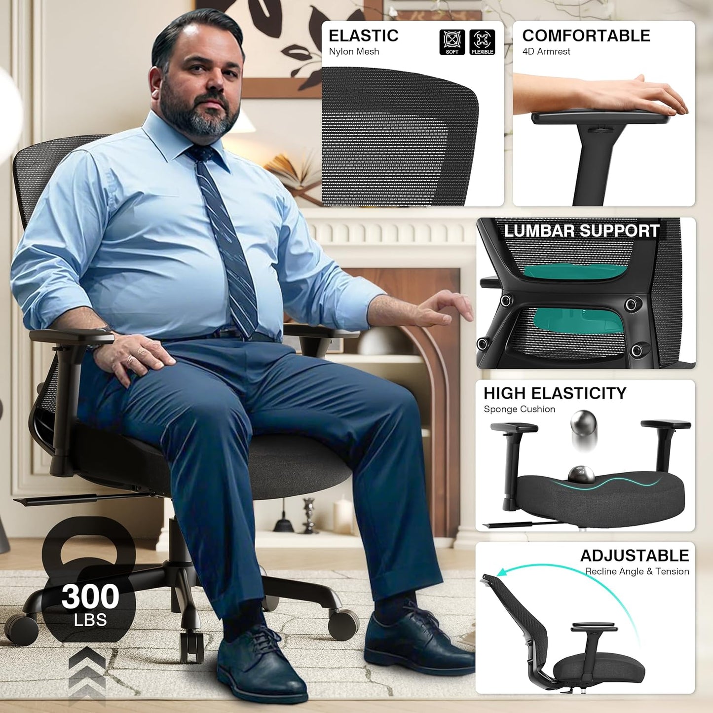 T96C Ergonomic Home Office Chair, Mesh Computer Desk Chair with 4D Armrests, Adjustable Lumbar Support,Tilt Function, Executive Rolling Swivel Task Chair for Long Hours (Black - Upholstered Seat)