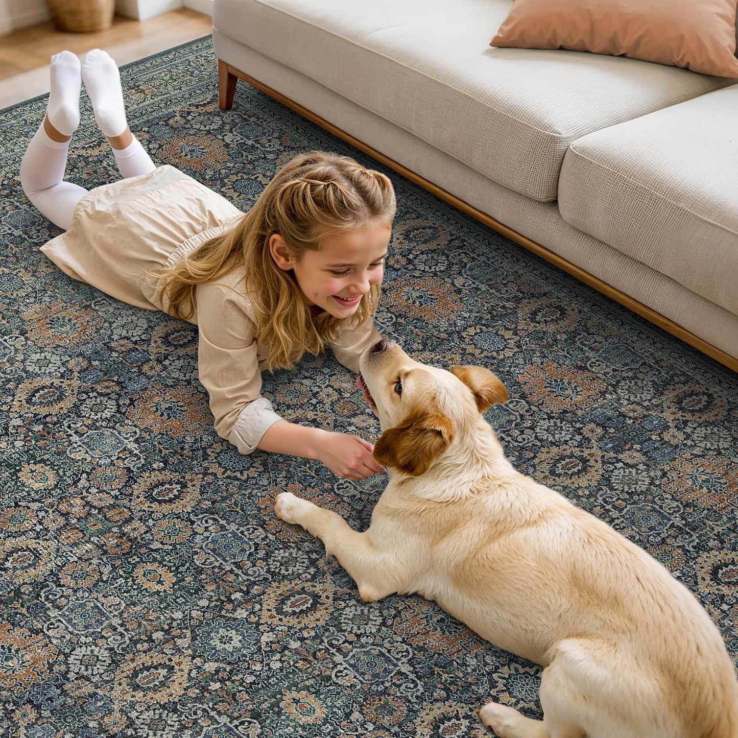 8X10 Area Rugs Machine Washable Rugs for Living Room, Vintage Boho Large Rugs for Bedroom Dining Room, Non Slip Indoor Soft Distressed Lightweight Thin Low Pile Carpet, Beige Blue Grey