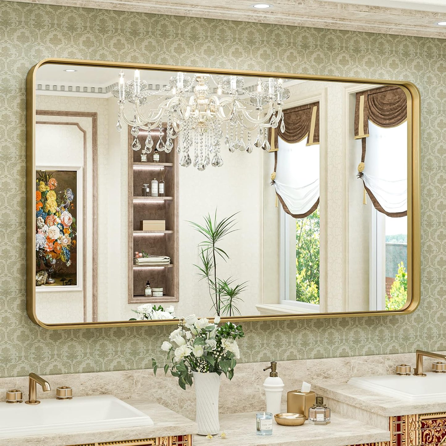 TokeShimi Gold Bathroom Mirror for Wall 48 x 30 Inch Metal Rounded Corner Rectangle Mirror Wall Mirror in Aluminum Alloy Metal Frame Deep Set Design Hangs Horizontal Or Vertical