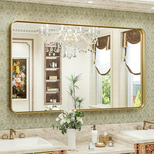TokeShimi Gold Bathroom Mirror for Wall 48 x 30 Inch Metal Rounded Corner Rectangle Mirror Wall Mirror in Aluminum Alloy Metal Frame Deep Set Design Hangs Horizontal Or Vertical