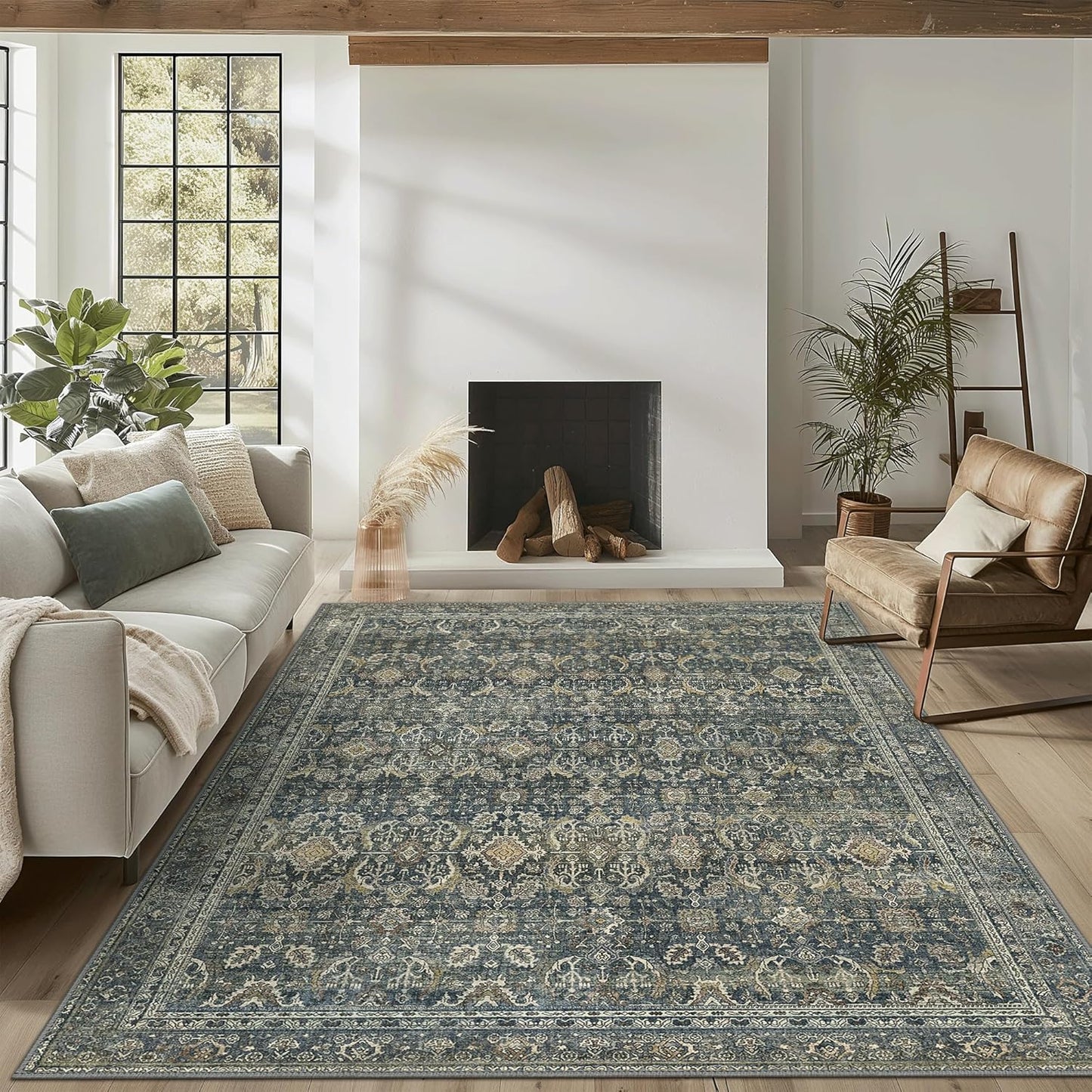 2X7 Area Rugs Machine Washable Rugs for Living Room, Vintage Boho Large Rugs for Bedroom Dining Room, Non Slip Indoor Soft Distressed Lightweight Thin Low Pile Carpet, Deep