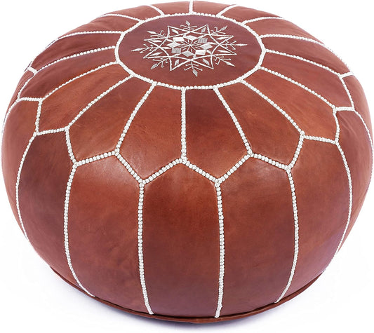 Marrakesh Gallery Genuine Leather Round Pouf Unstuffed - Moroccan Ottoman Footstool, Footrest Cover - Boho Decor - Bohemian Living Room, Bedroom, Kids Room, Gift & Wedding