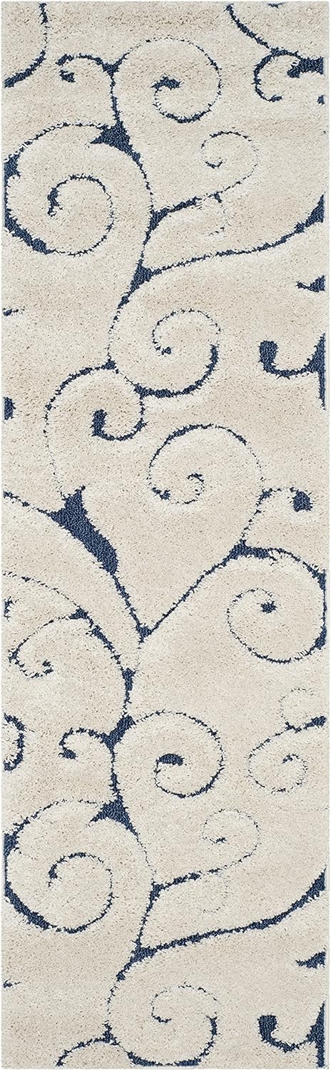 SAFAVIEH Florida Shag Collection Runner Rug - 2'3" x 7', Cream & Blue, Scroll Design, Non-Shedding & Easy Care, 1.2-inch Thick Ideal for High Traffic Areas in Living Room, Bedroom (SG455-1165)