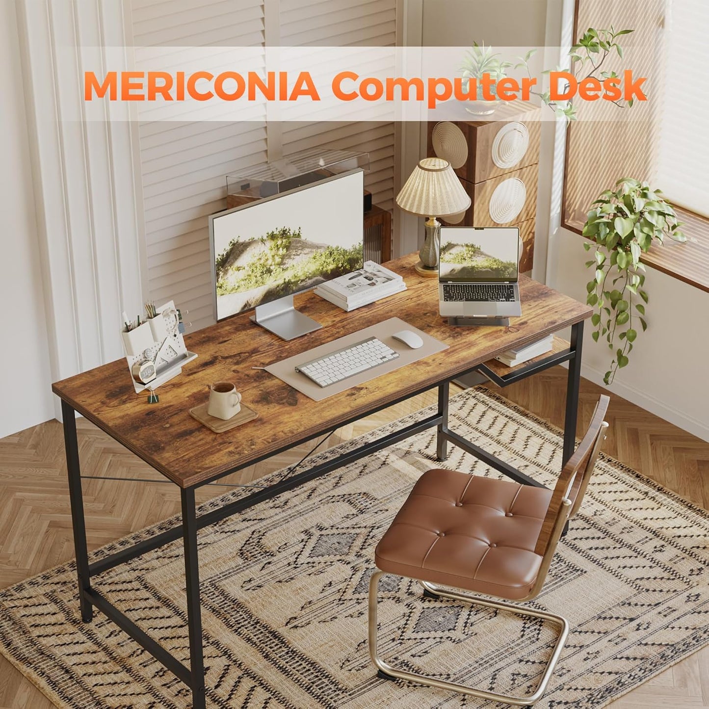 Computer Desk 55 X 24 inch, Gaming Desk for Small Spaces, Modern Simple Style Table for Home Office, Study Student Writing Table (Shelf, Rustic Brown, 55 inch)