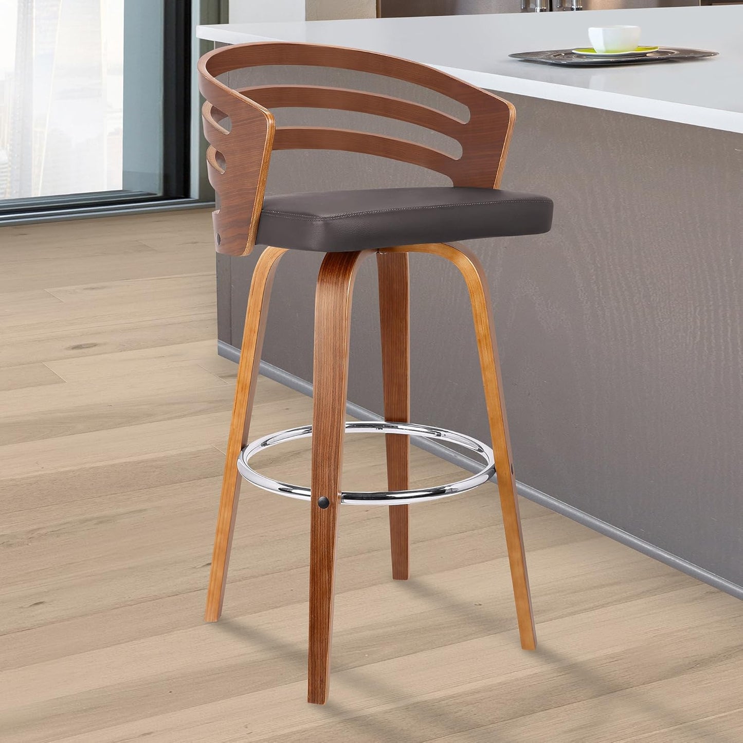 Armen Living Jayden Mid Century Modern Swivel Bar Stool for Kitchen Island Counter in Brown Faux Leather and Walnut Wood, 26" Seat Height