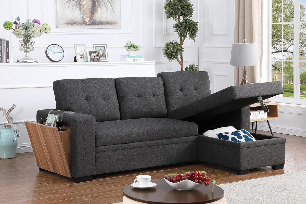 Ball & Cast L-Shape Reversible Sectional Sleeper Sofa Bed 4 in 1 Pull Out Couch with Storage Chaise USB Ports & Cup Holder Convertible Sleeper Corner Couch Pull-Out Sofa Bed for Living Room Office