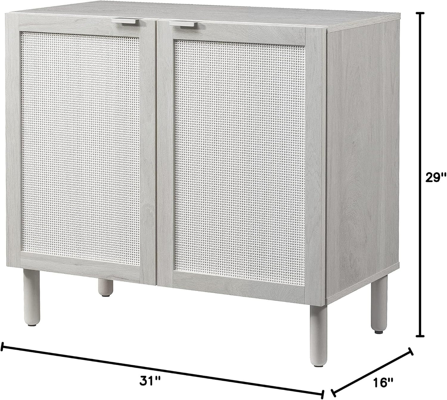 Sango Orre 2-Door Cabinet, Modern White Storage Cabinet with Synthetic Rattan Door Panels, Adjustable Shelf, Cylindrical Wood Legs, Discreet Finger Pulls, Elegant Furniture for Office or Living Room