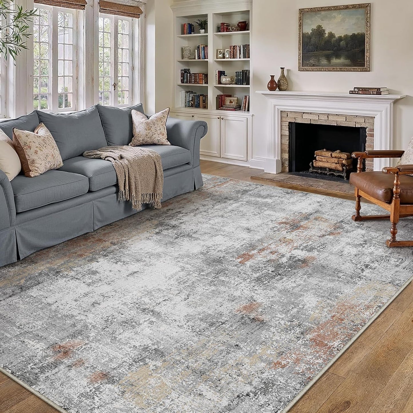 8x10 Washable Area Rug Grey Rust Modern Neutral Abstract Living Room Bedroom Indoor Floor Carpet Low Pile Soft Non-Slip Lightweight Vacuumable Large Throw Rug for Kitchen Dining Room