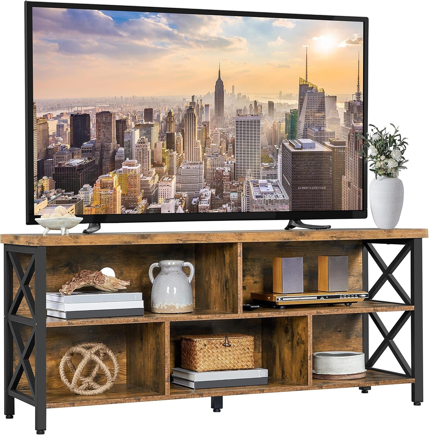 Yaheetech TV Stand for Living Room, Industrial Entertainment Center for 65 Inch TV, Rustic TV Console Stand with Storage Cabinets Wood and Metal, Rustic Brown