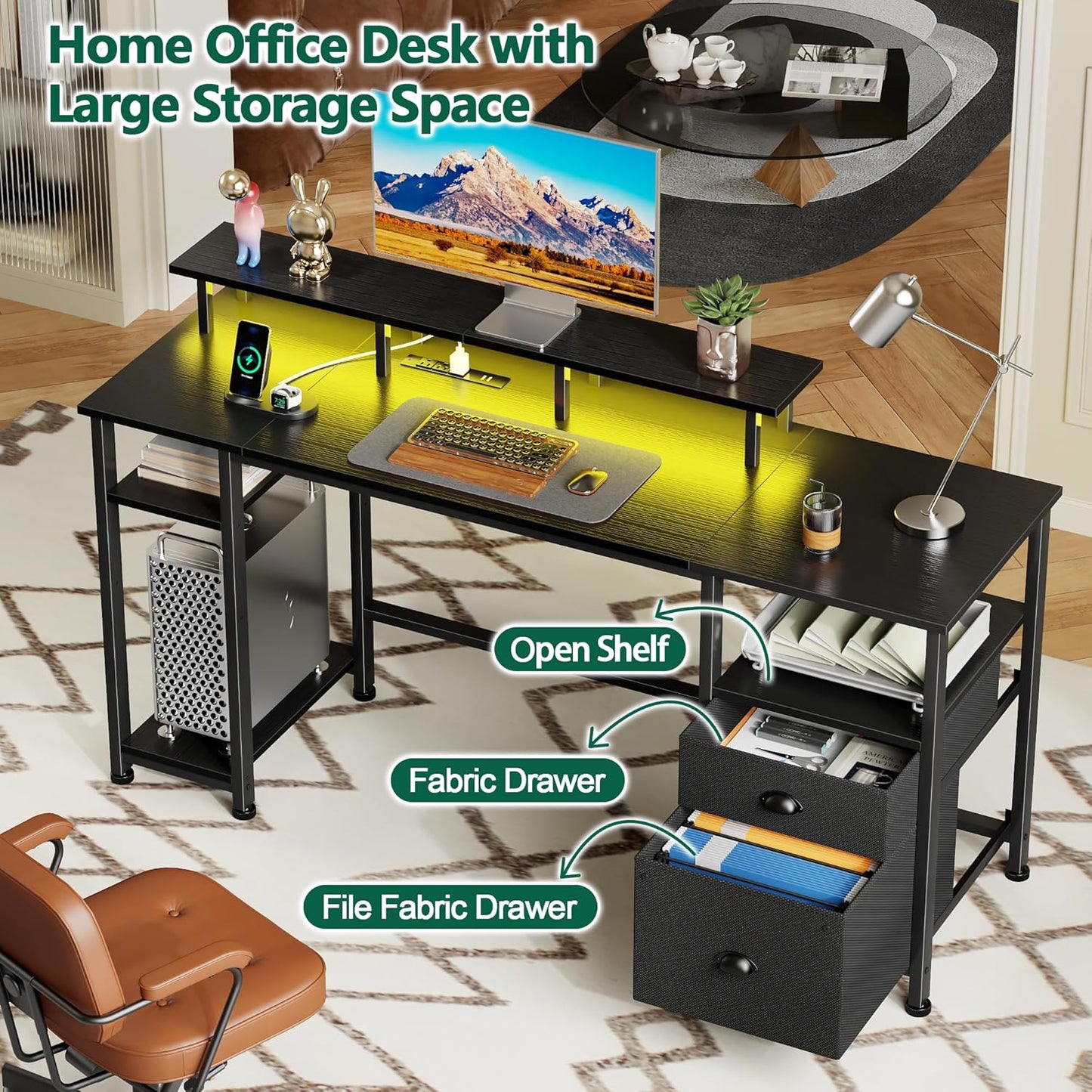 Furologee 61" Gaming Desk with Power Outlets & LED Lights, Reversible Computer Desk with File Cabinet & Monitor Stand for Home Office, Large Work Table with Storage Shelves & Drawer, Black
