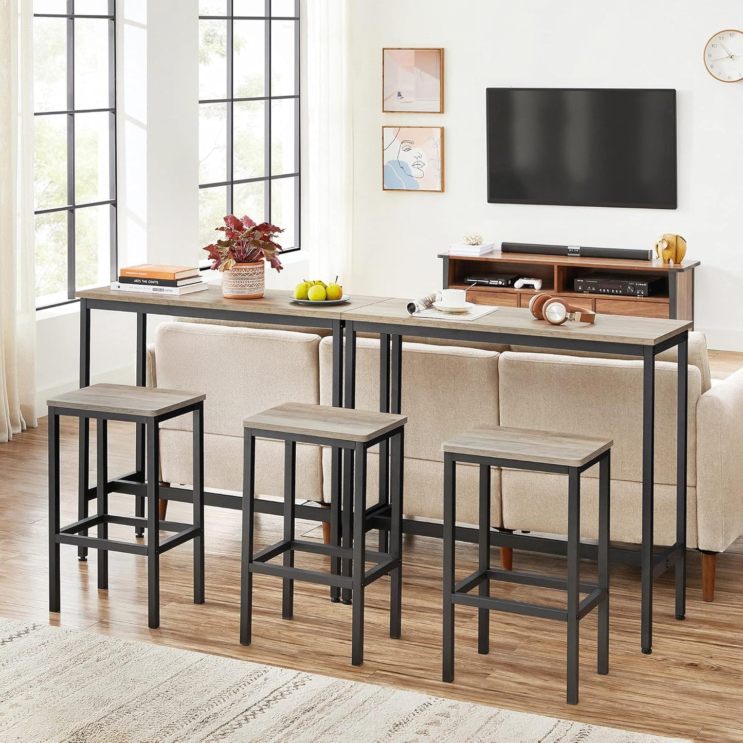 VASAGLE Bar Stools, Set of 2 Bar Chairs, Kitchen Breakfast Bar Stools with Footrest, Industrial in Living Room, Party Room, Greige and Black ULBC065B02