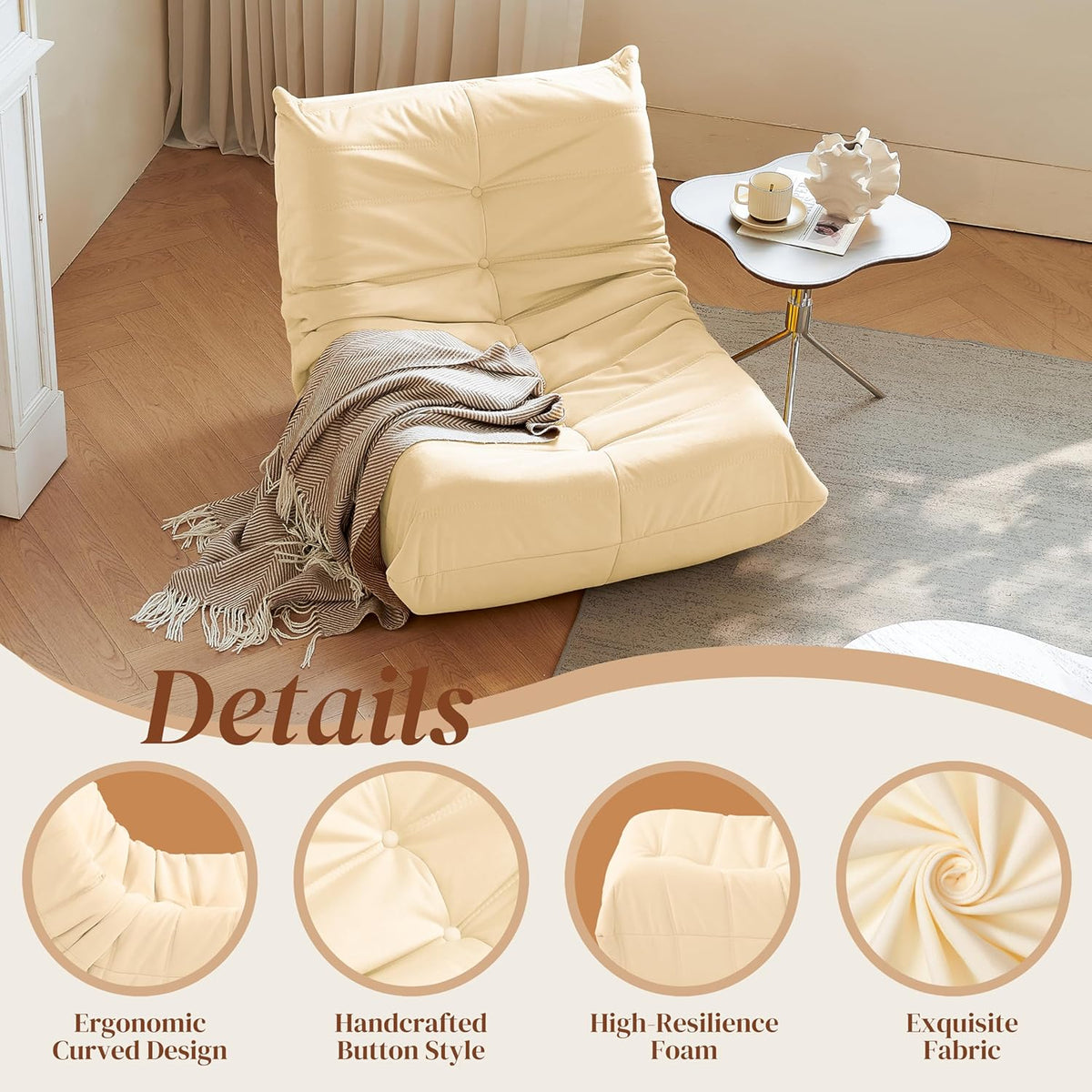 Bean Bag Chair, Fireside Chair Bean Bag Sofa for Adults, Bean Bag Chairs for Teens with High-Resilience Foam, Memory Foam & Non-Slip Base Bean Bag for Living Room, Bedroom, Office (Suede,White)