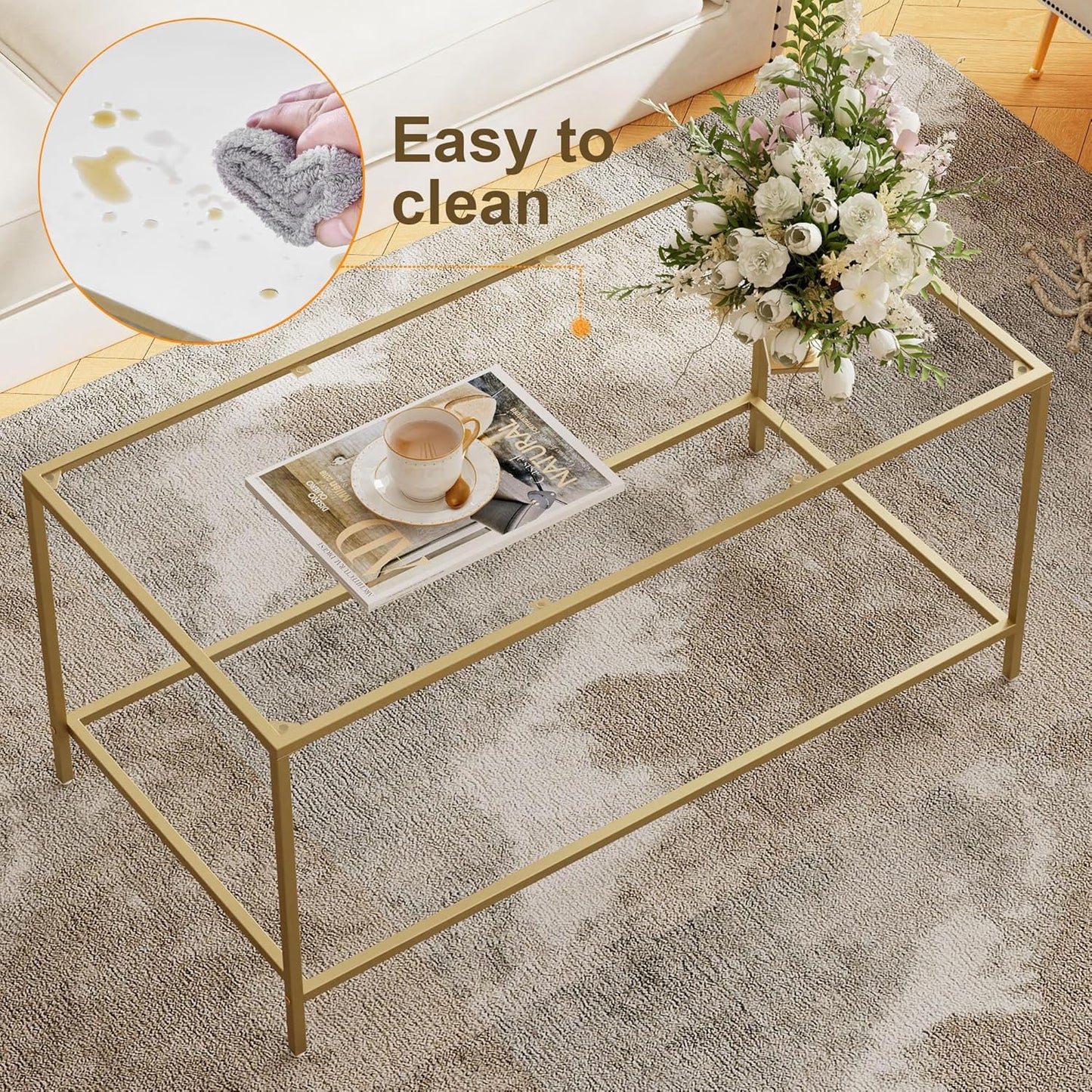 Glass Coffee Table, Modern Rectangular Coffee Table for Living Room, Minimalist Center Tea Table with Sturdy Metal Frame for Apartment, Office, Easy Assembly, 39.4 x 19.7 x 17.7 Inches, Golden