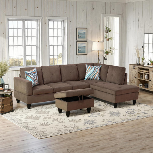 NicBex Sectional Couch 3 Pieces Sofa Set with Left Chaise Corduroy L Shaped Cloud Couch for Living Room Furniture Sets with Storage Ottoman, Modular Sofa for Living Room & Apartment, Brown
