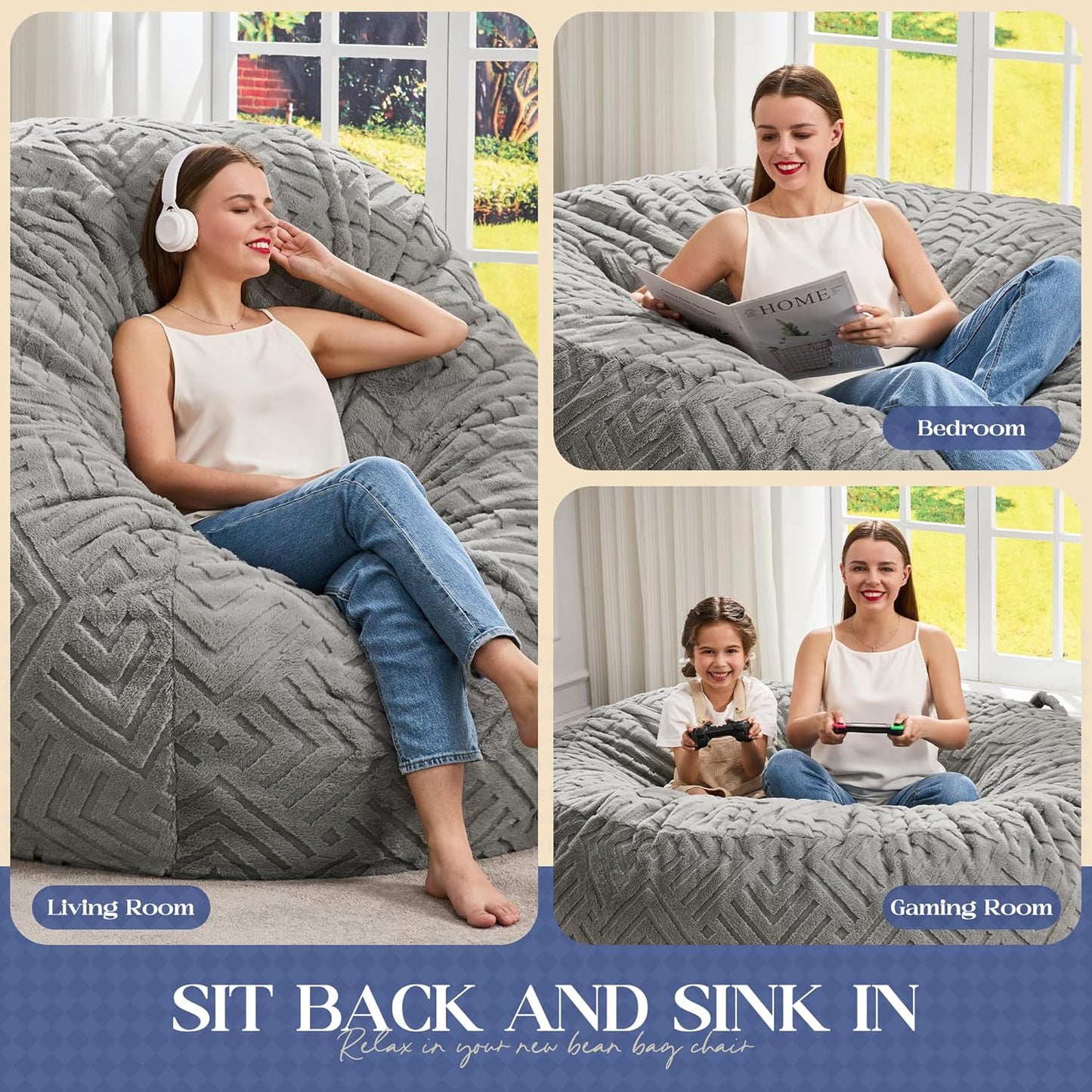 Hobestluk Bean Bag Chairs Adults Beanbag Chair with Filler Large Bean Bags with Fluffy Embossed Cover, Giant Bean Bag Chairs for Adults (Grey, 3FT - 36” x 36” x 22”)