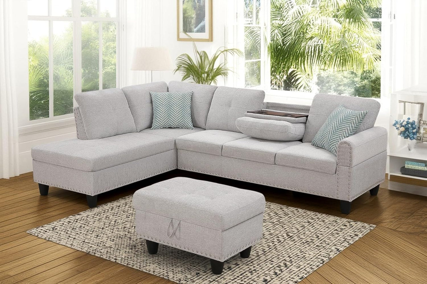 98 Inch L Shaped Sectional Sofa with Chaise Lounge, Storage Ottoman and 2 Pillows, 4-Seaters Linen Upholstered Tufted Couch w/Cupholder & Nailhead Trim for Living Room, Office, Light Gray