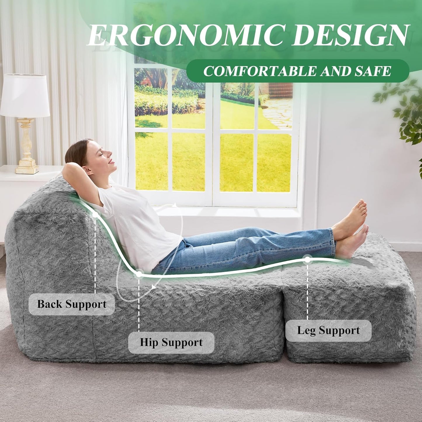 Hobestluk Bean Bag Chair Big Bean Bag Lounger for Adults Bean Bag Couch with Memory Foam Filled for Living Room, Bedroom or Balcony (Chevron Plush Grey)