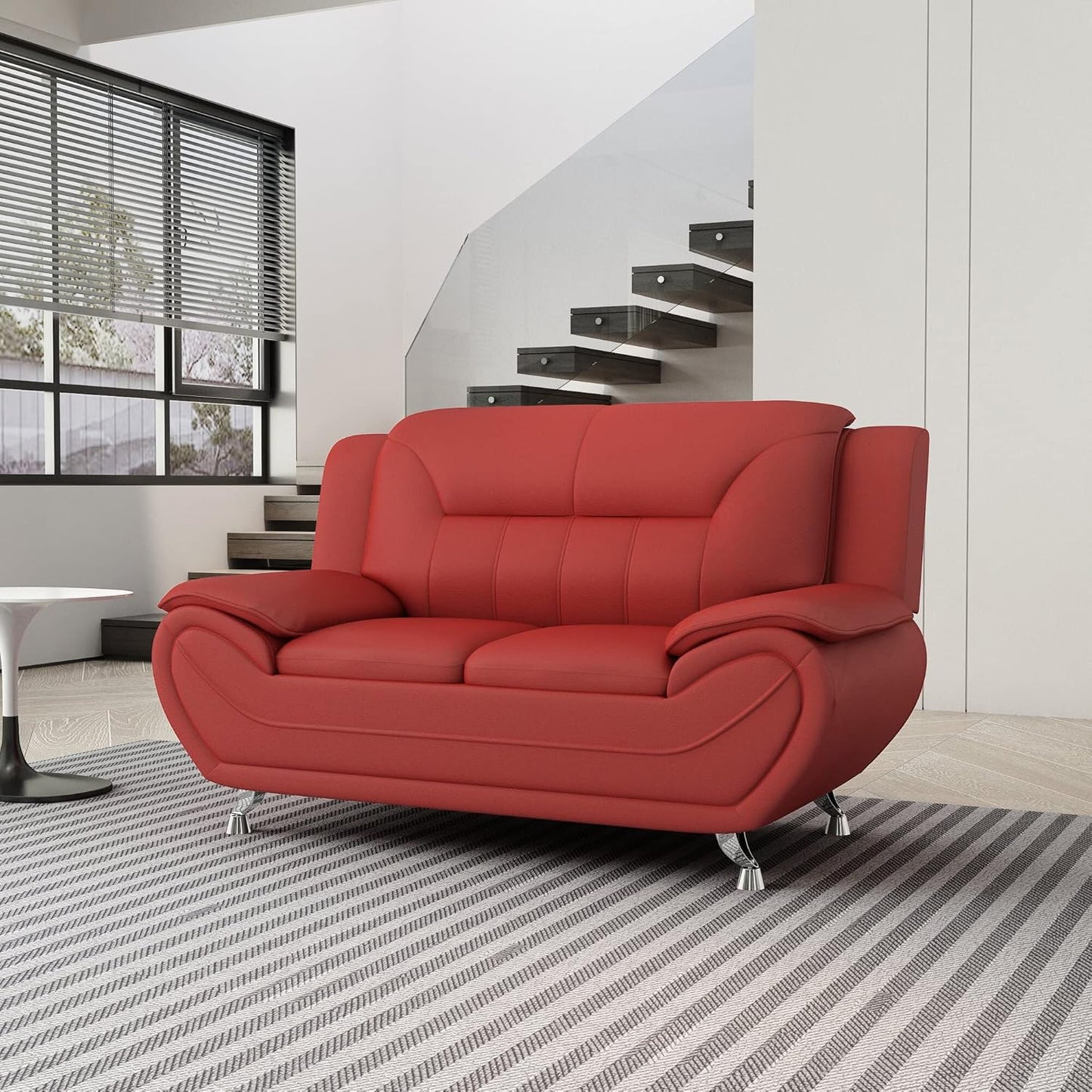 Container Furniture Direct Michael Modern Faux Leather Upholstered Stainless Steel Legs Living Room Loveseat, Persian Red