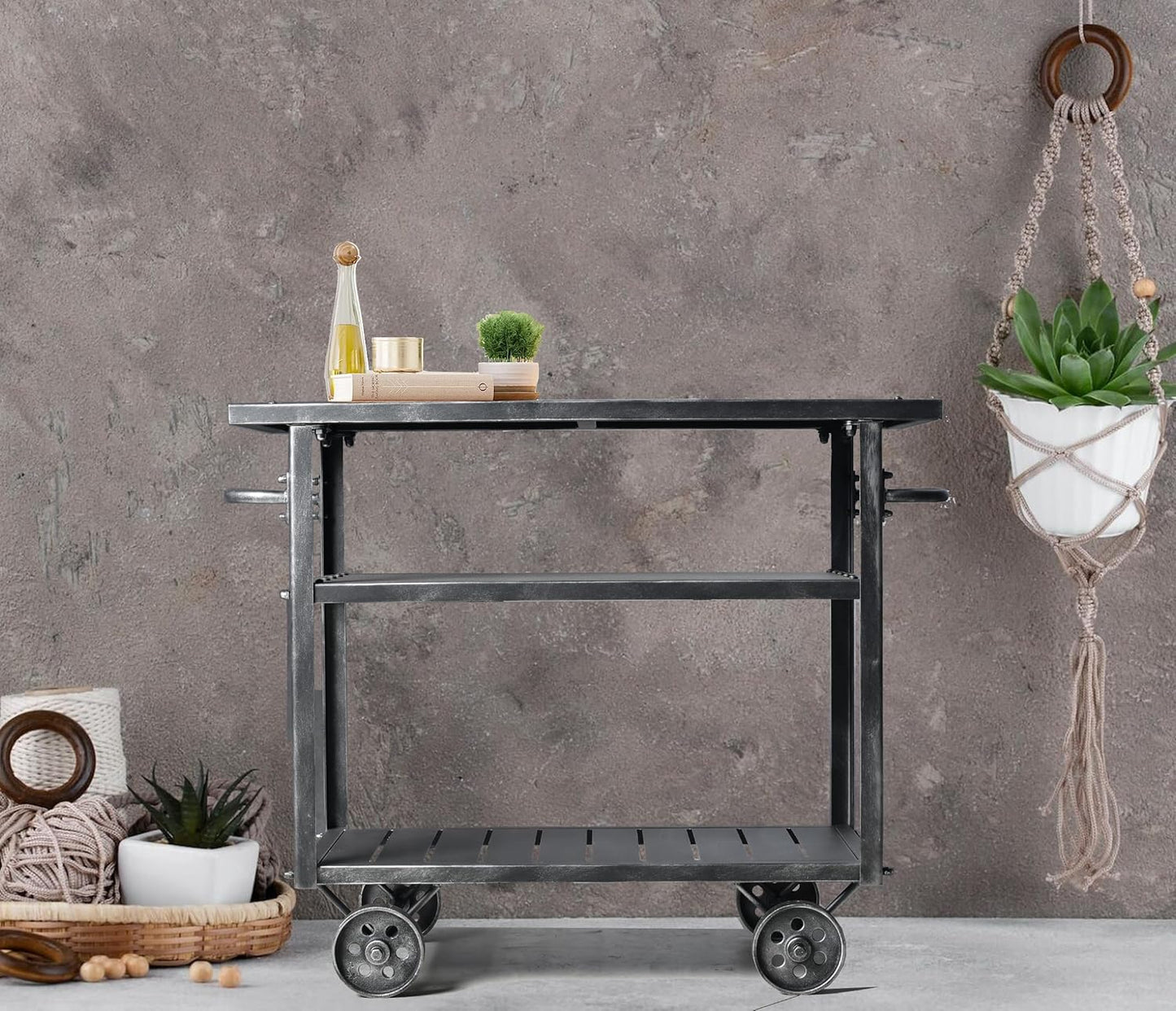 Industrial 3 Tier Mobile Bar Cart Rustic Metal Serving Cart with Wheels and Side Handles Vintage Rolling Kitchen Stand Cart-LxWxH: 36.2 * 15.75 * 30.5inch