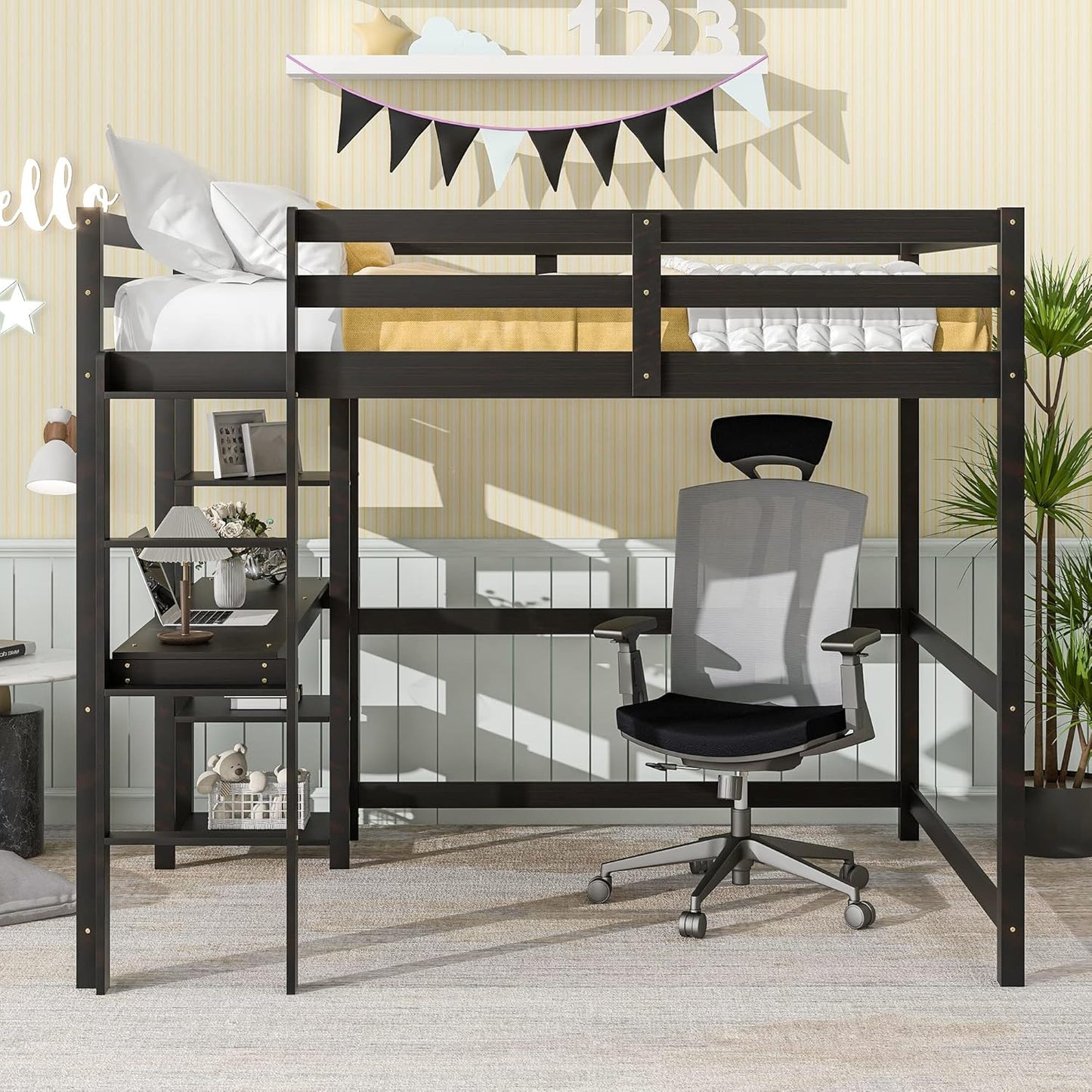 HomSof Full Loft Bed with Desk and Shelves,Espresso