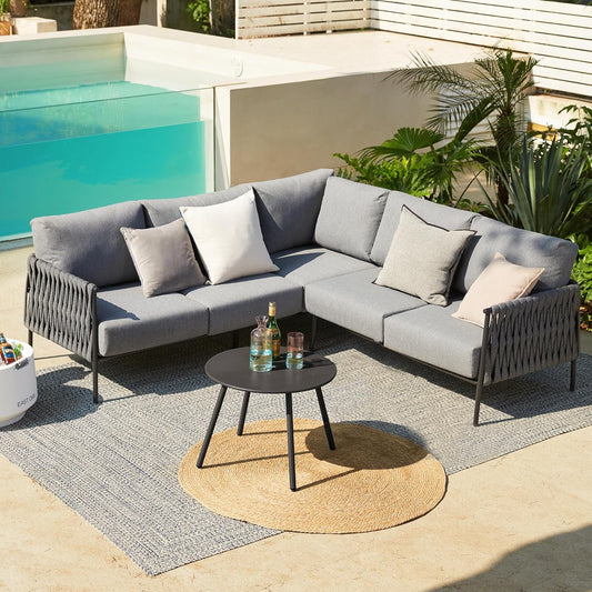 EAST OAK Life Chatter Patio Furniture Set, Outdoor Furniture Corner Sofa Set with Round Coffee Table, 5 Seats Sofa Deep Seating with Thick & Washable Cushions, Earth Black & Misty Grey