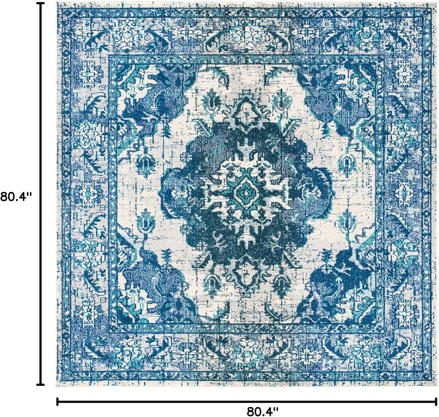 SAFAVIEH Monaco Collection Area Rug - 6'7" Square, Ivory & Blue, Boho Chic Medallion Distressed Design, Non-Shedding & Easy Care, Ideal for High Traffic Areas in Living Room, Bedroom (MNC243A)