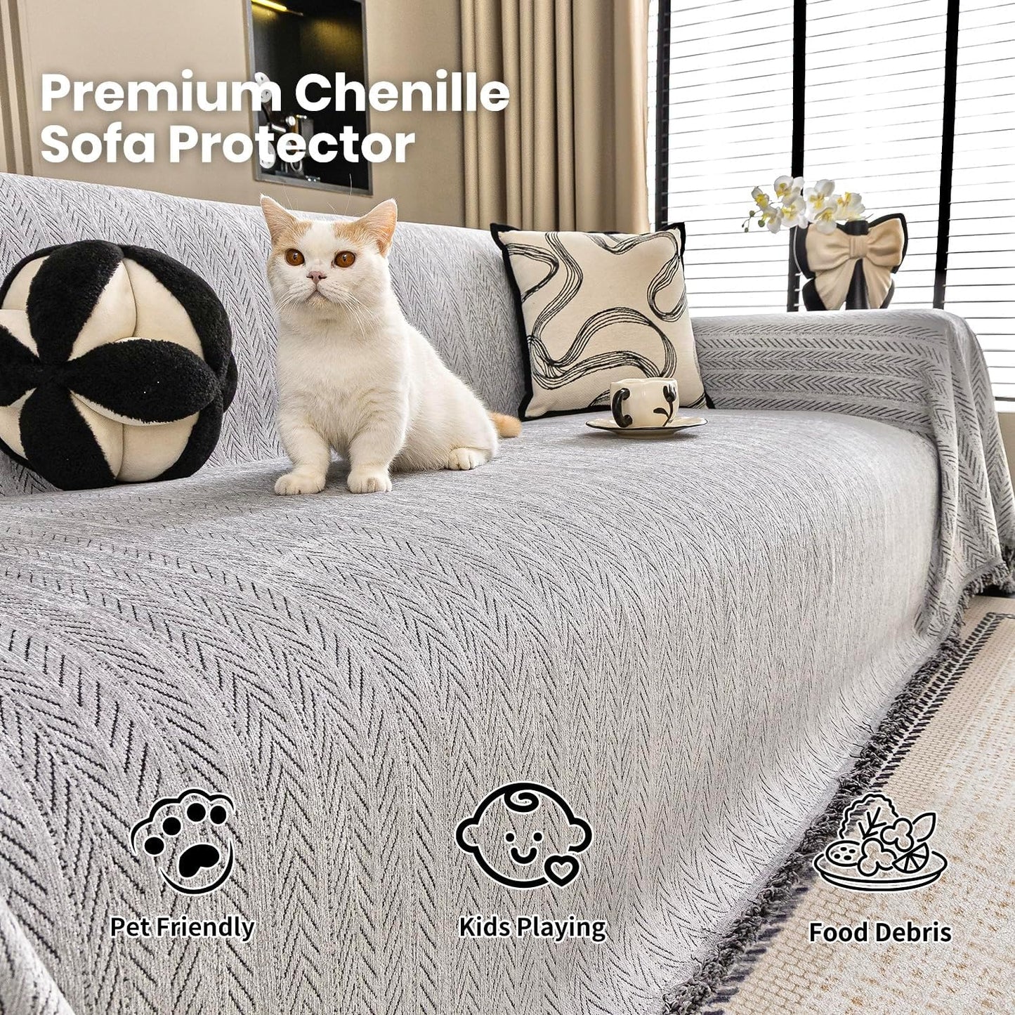 Nobildonna Sofa Chair Cover Waterproof Soft Thicken Chenille Cushion Couch Cover with Tassels,Washable Sofa Slipcovers for Armchair Recliner Sectional Furniture Protector, Gray 71"x71"