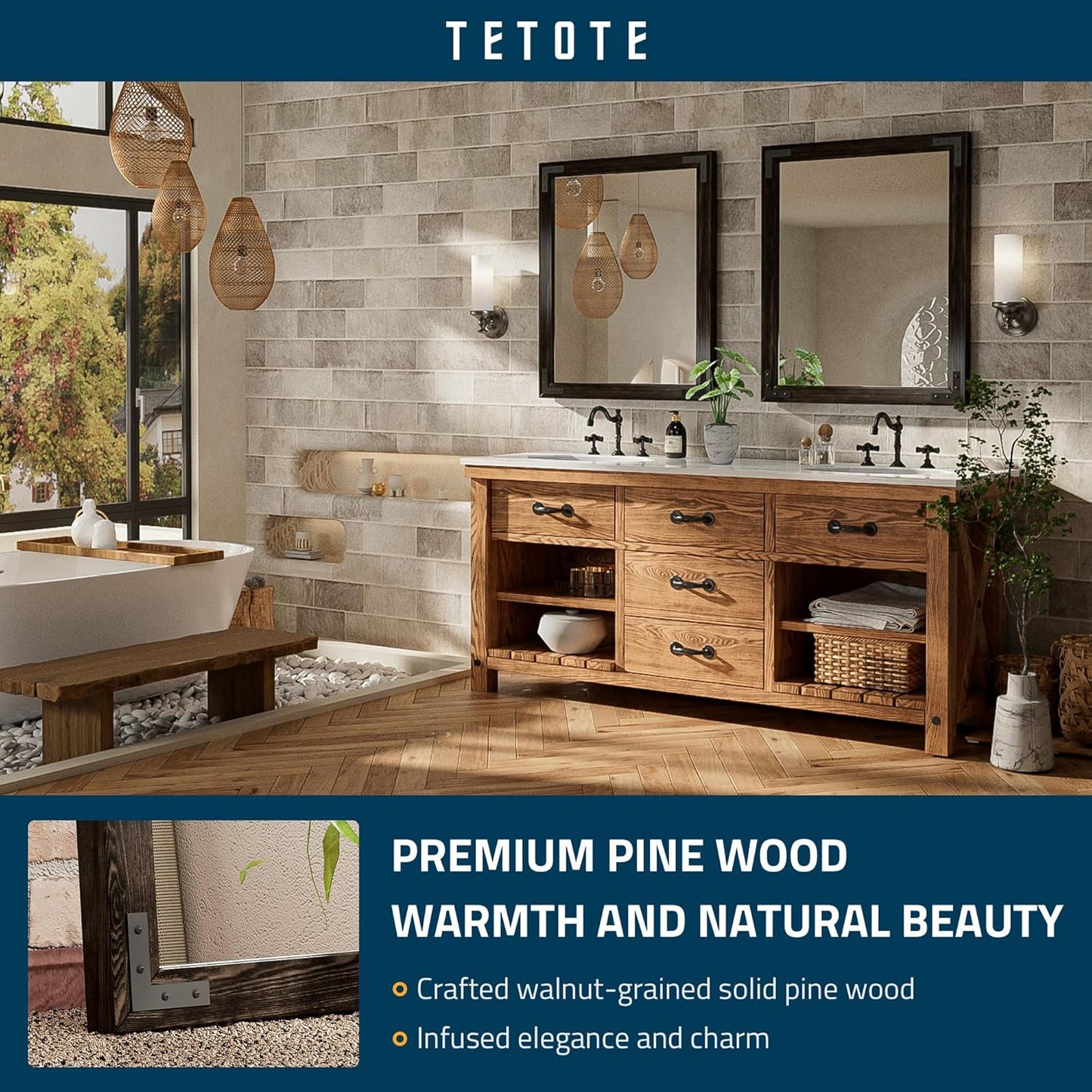 TETOTE 24 x 32 Black Wood Framed Mirror for Bathroom Wall/Bedroom/Living Room/Entryway Farmhouse Rustic Bathroom Vanity Mirror Waterproof (Horizontal/Vertical Mounted)