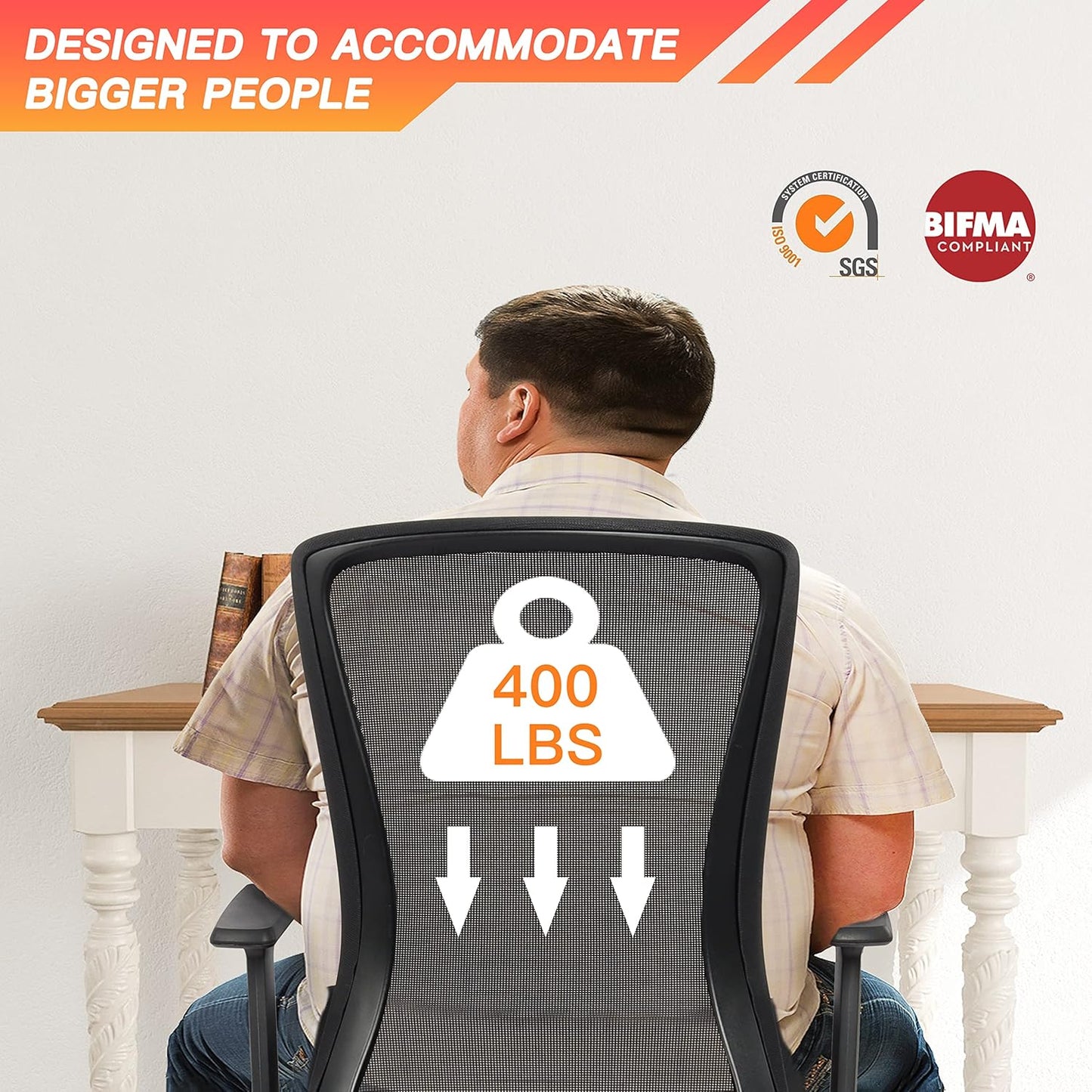 400lbs Big and Tall Office Chair, Mesh Office Desk Chair with Lumbar Support, Comfy Executive Swivel Computer Chair with Adjustable Height,2D Armrests and Tilt Lock