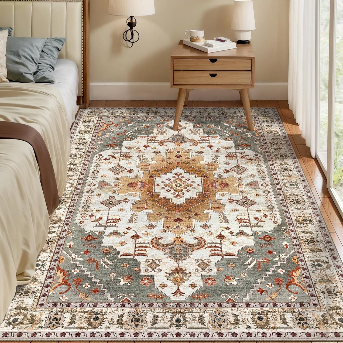 Tangsoo Area Rug 3x5 Bedroom Rug, Washable Vintage Rugs Indoor, Non Slip Accent, Print Distressed Turmeric Carpet, Soft Low Pile Rug for Living Room Dorm Bedroom Bedside Entryway Bathroom