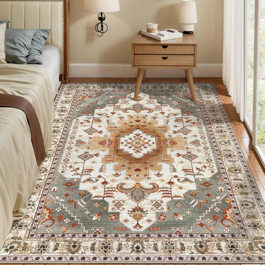 Tangsoo Area Rug 3x5 Bedroom Rug, Washable Vintage Rugs Indoor, Non Slip Accent, Print Distressed Turmeric Carpet, Soft Low Pile Rug for Living Room Dorm Bedroom Bedside Entryway Bathroom