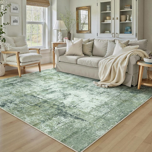 5x7 Washable Area Rug Dark Green Modern Neutral Abstract Living Room Bedroom Indoor Floor Carpet Low Pile Soft Non-Slip Lightweight Vacuumable Throw Rug for Kitchen Nursery Dining Room