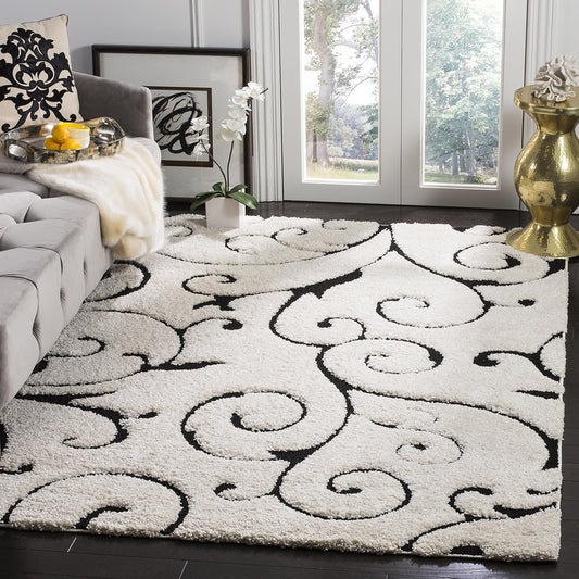 SAFAVIEH Florida Shag Collection Accent Rug - 4' x 6', Ivory & Black, Scroll Design, Non-Shedding & Easy Care, 1.2-inch Thick Ideal for High Traffic Areas in Foyer, Living Room, Bedroom (SG455-1290)