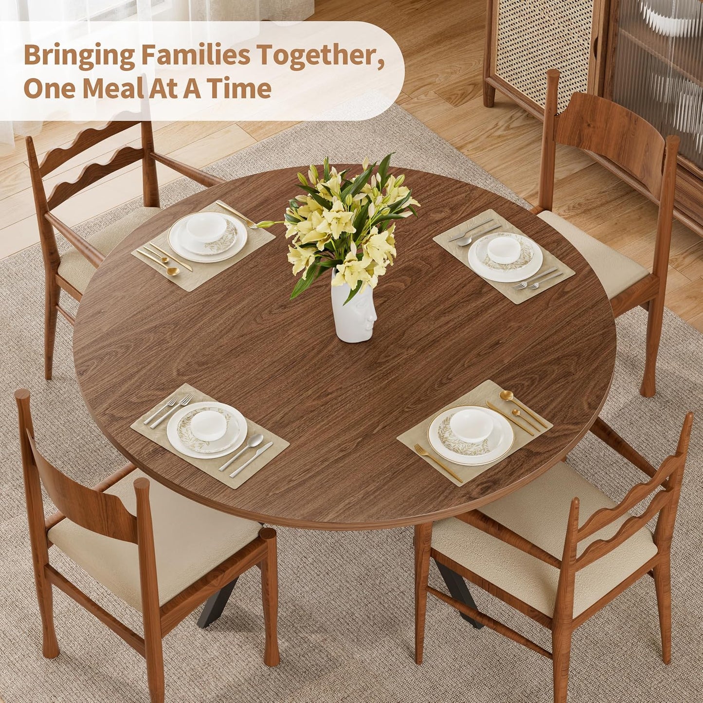 42" Round Dining Table for 4, Farmhouse Kitchen Table with Storage, Space Saving Circle Dinner Table, Rustic Wood Kitchen & Dining Room Tables with Metal Legs for Kitchen, Living Room, Dining Room