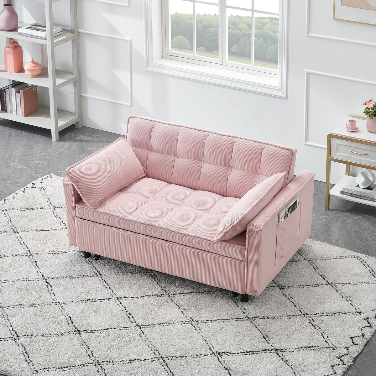 Ball & Cast Convertible Sofa Bed,Loveseat Sleeper Sofa W/Pull-Out Bed,Convertible Pull Out Couch W/2 Pillows,Adjustable Backrest&Side Pocket,Corduroy Futon Couches for Living Room,Apartment,Pink,54"